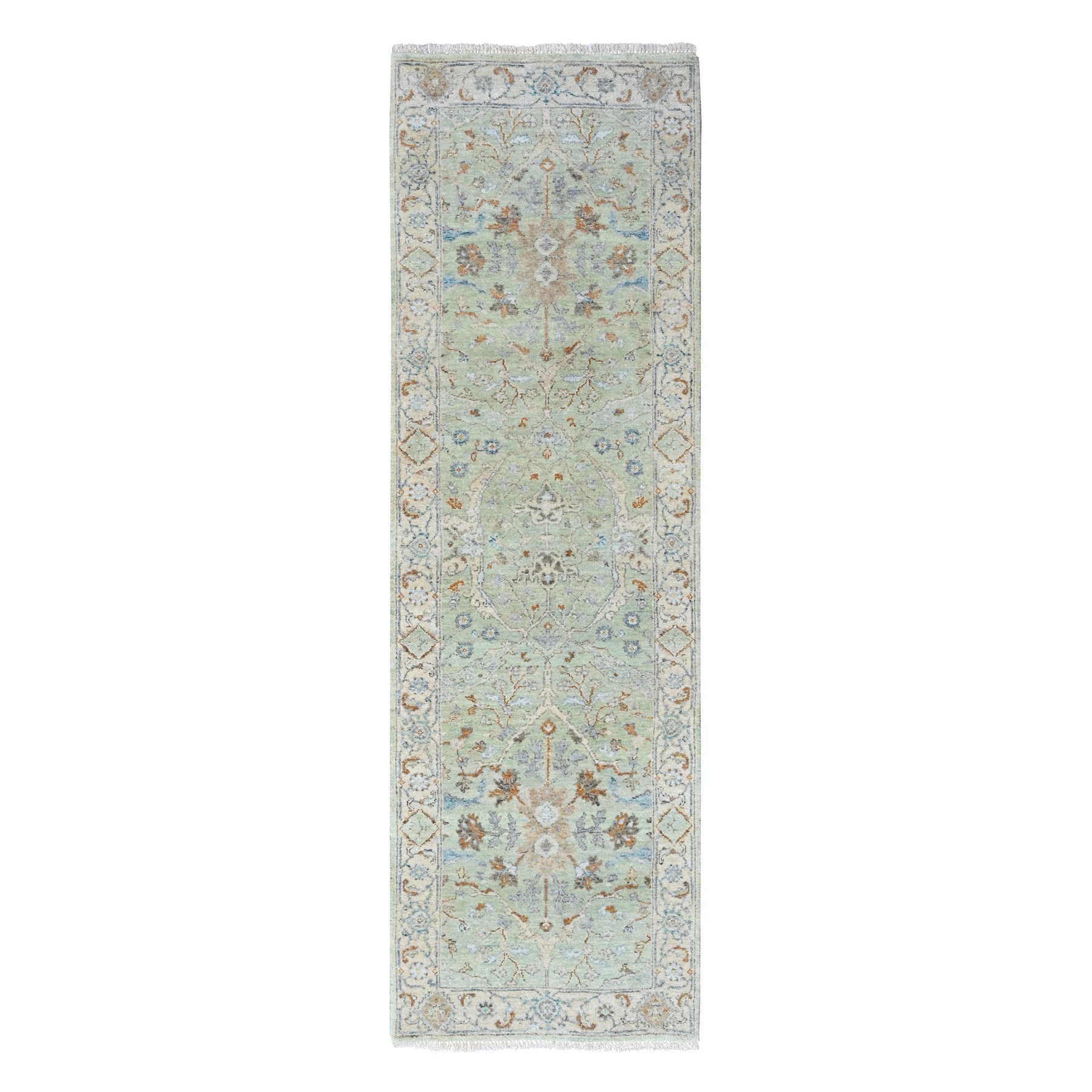 2'5"x8' Pistachio Green, Oushak with Floral Motifs, Hand Knotted, Pure Wool, Soft Pile, Denser Weave, Narrow Runner, Oriental Rug 